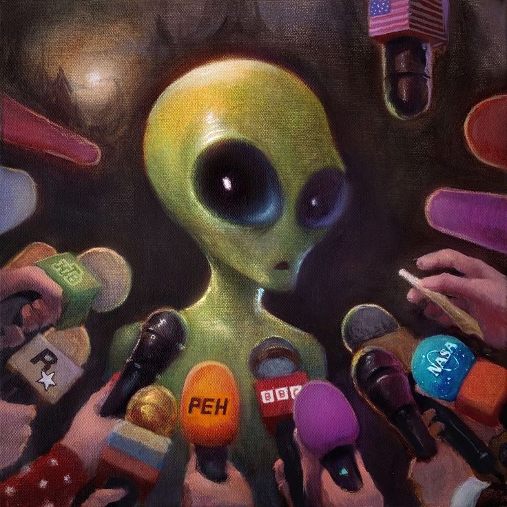 Alien surrounded by press microphones