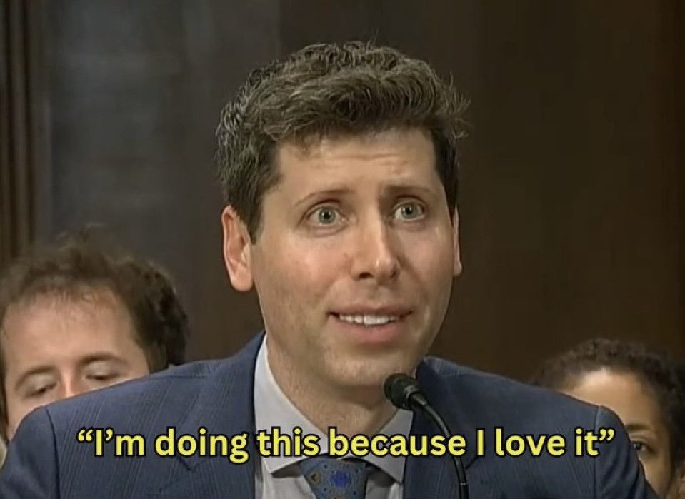 Sam Altman testifying, captioned I am doing this because I love it