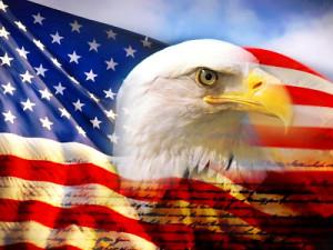 Bald eagle overlaid on an American flag