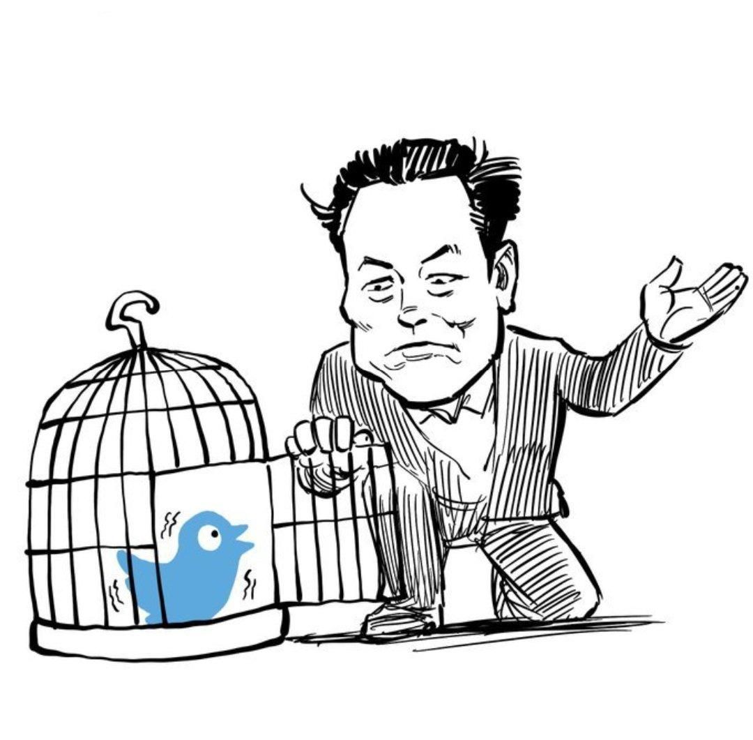 Illustration of Elon Musk opening a birdcage with the Twitter bird inside