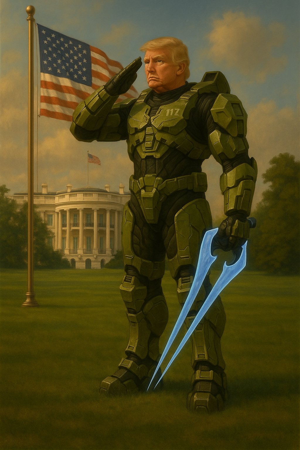 Painting of Donald Trump as a Halo Master Chief saluting the White House