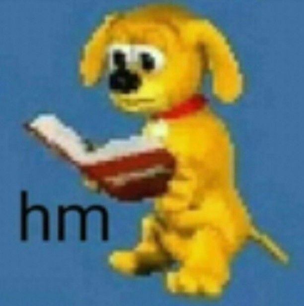 Yellow dog reading a book captioned hm