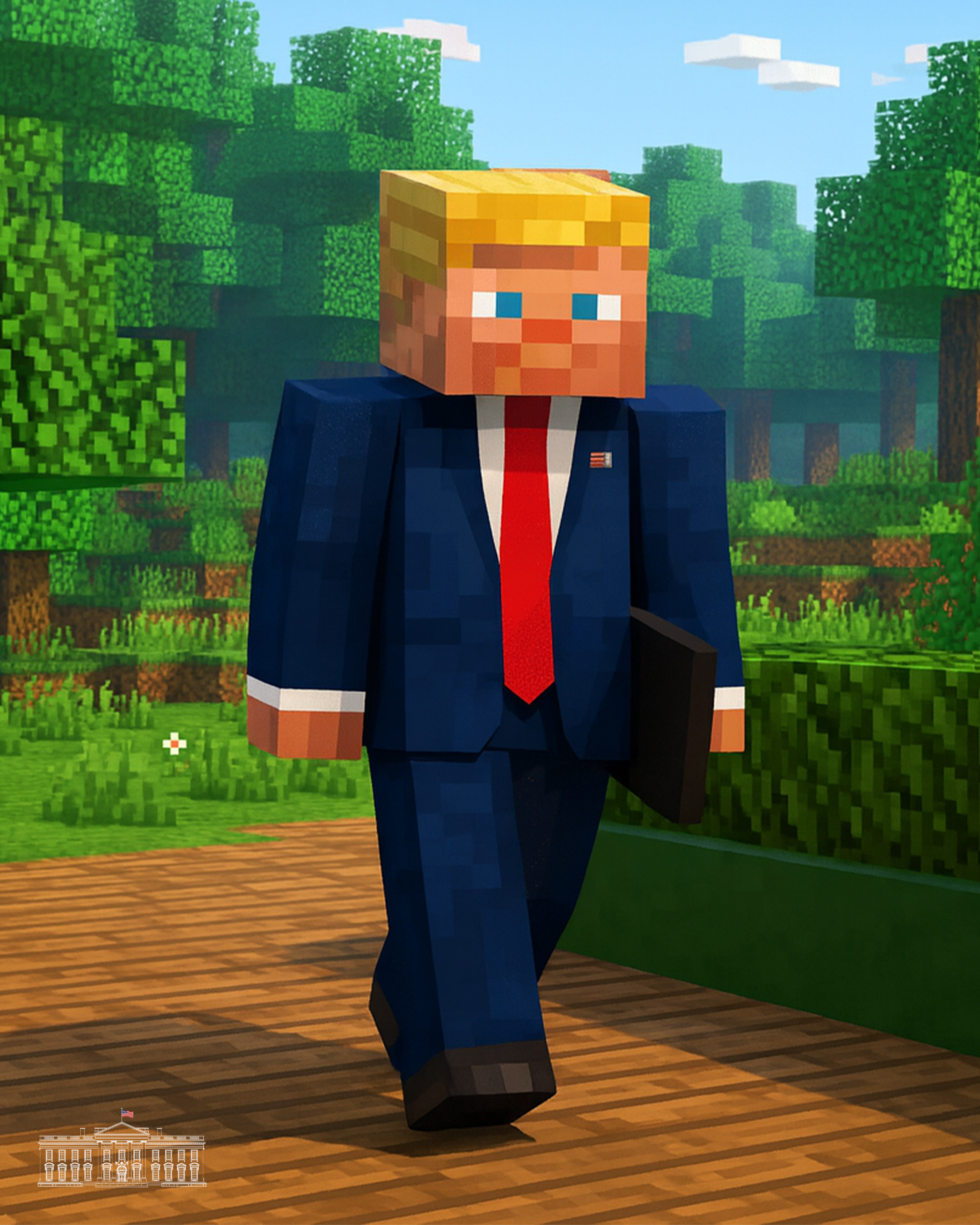 Minecraft-style character resembling Donald Trump in a suit