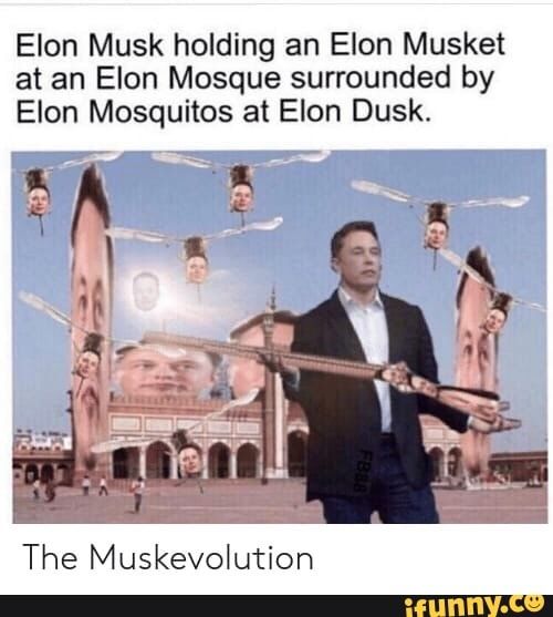 Elon Musk holding a musket meme captioned The Muskevolution